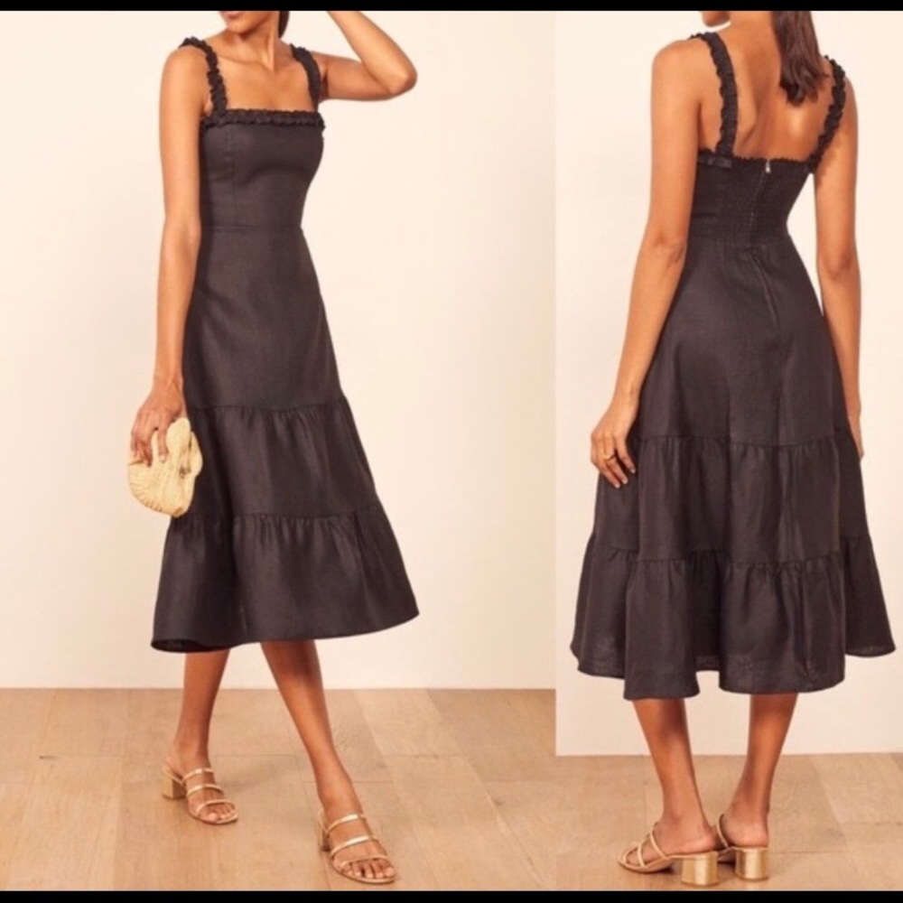 Reformation Hyla black linen dress Sz 10 Tiered